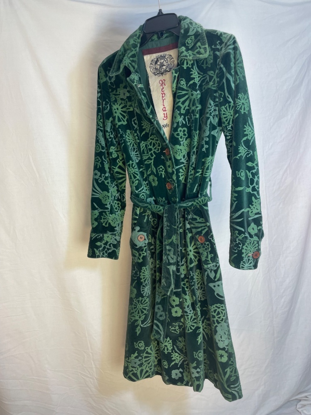 Replay Floral Velvet Trench Coat Deep Green XS | Y2K Boho c. 2006